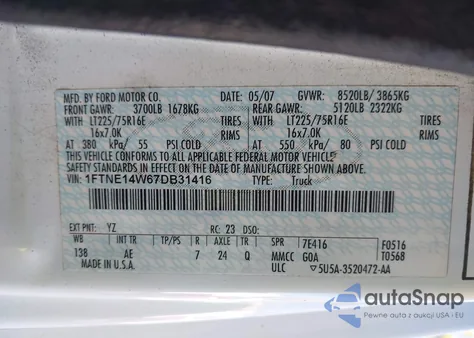 2007 Ford E-150 Commercial/Recreational из США, поврежденный, VIN 1FTNE14W67DB31416